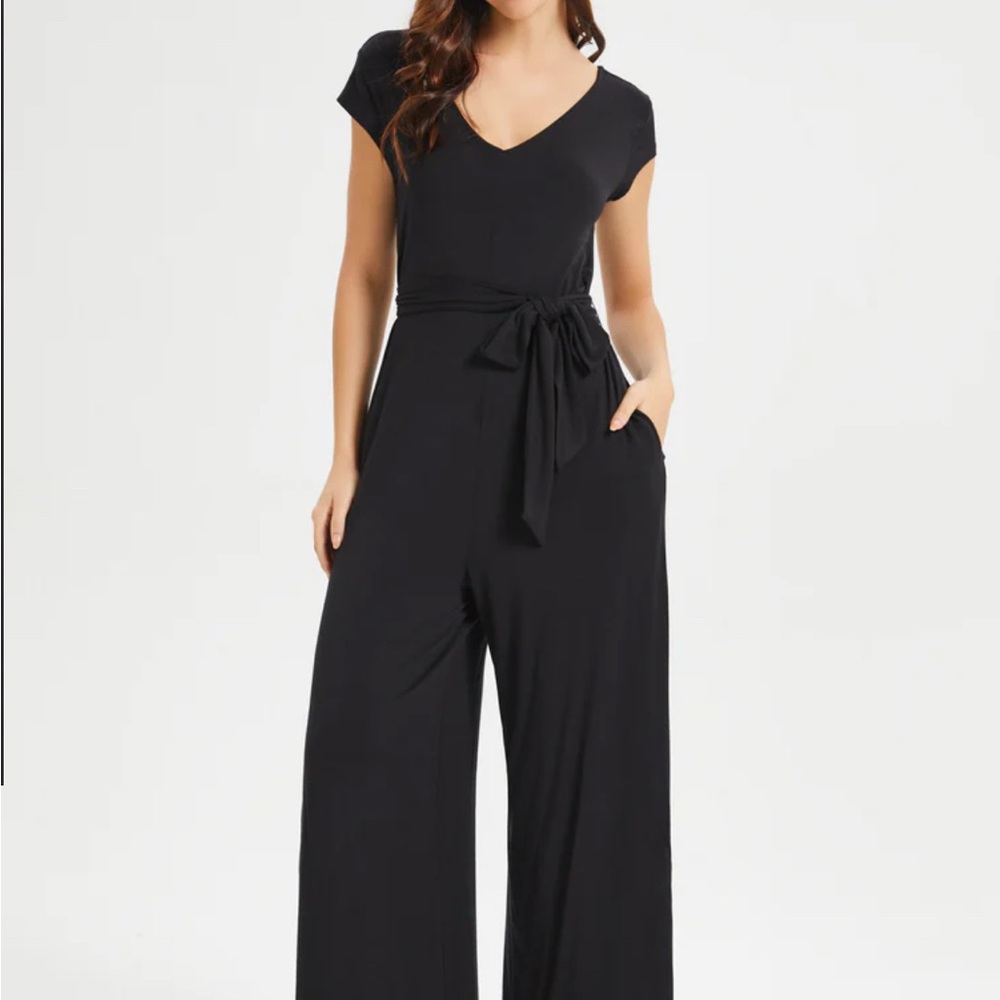 Betabrand Black V-Neck Day to Night Jumpsuit with Tie Waist - NWT